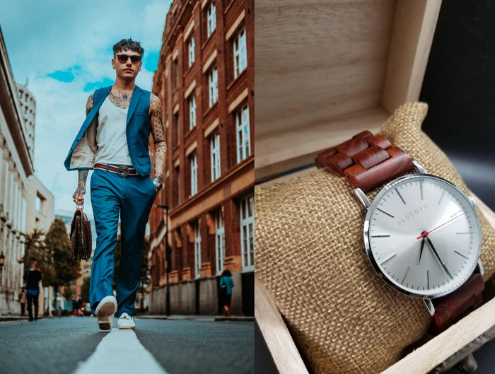 Top your trendy athleisure outfit with a wooden watch